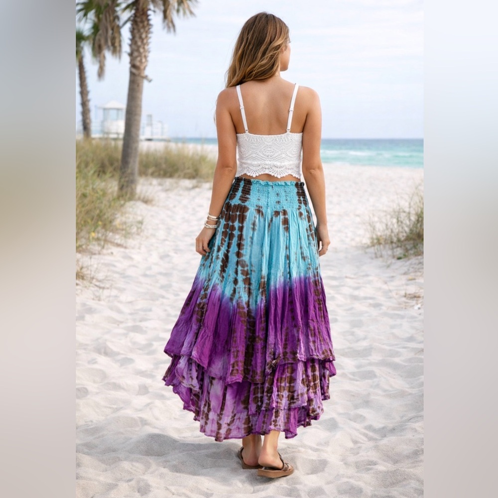 Wevez Rayon Tie Dye Long Skirt in Turquoise~Vibrant Purple~Brown~OS Regular~NWT - Picture 4 of 16